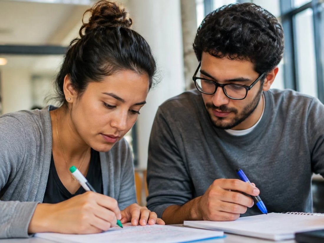 Participantes de mochila conversando no corredor de uma universidade