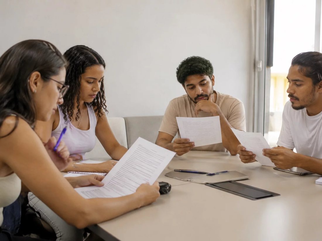 Profissionais numa sala de reunião clara, uma pessoa explicando algo